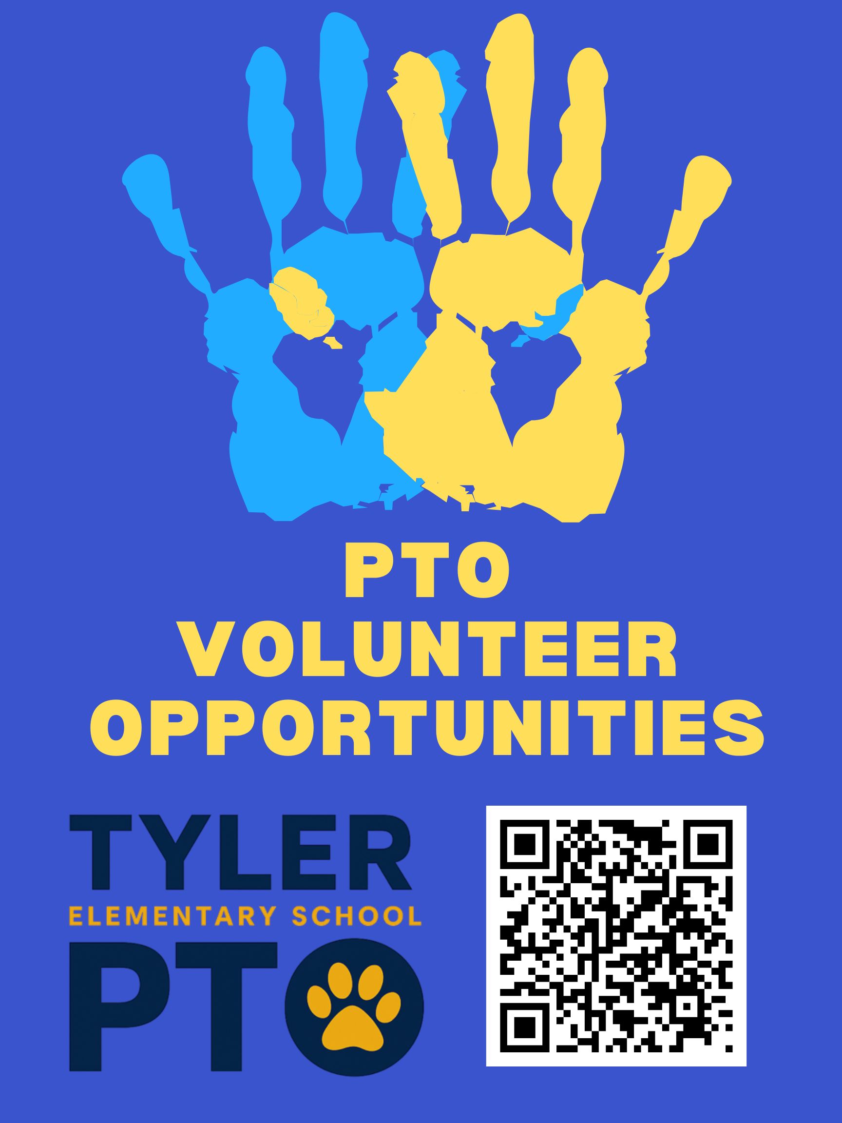 PTO Volunteer Opportunities advertisement with a QR code to sign up. 