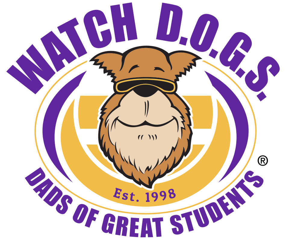 Logo for the Watch D.O.G.S. (Dads of Great Students) program, featuring a friendly cartoon dog wearing sunglasses.